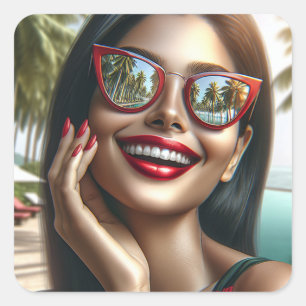 Lycklig Dam i ett tropiskt paradis Fyrkantigt Klistermärke