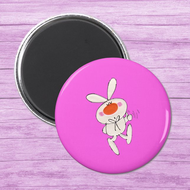 Lycklig Dancing Cute White Rabbit Magnet (Cute cartoon white rabbit big nose thumbs up sign on hot pink round magnet.)