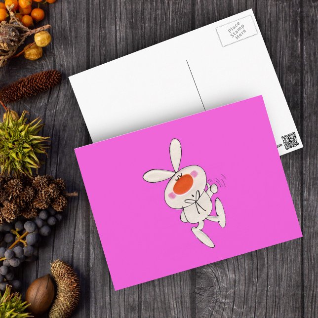 Lycklig Dancing Cute White Rabbit Vykort (Cute white bunny orange nose thumbs up sign on vibrant pink postcard.)