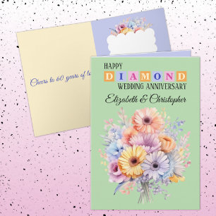Lycklig Diamond-årsdagen namn blommor grönt Kort