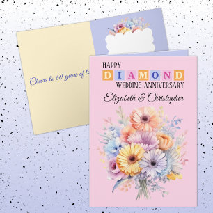 Lycklig Diamond-årsdagen namn blommor rosa Kort