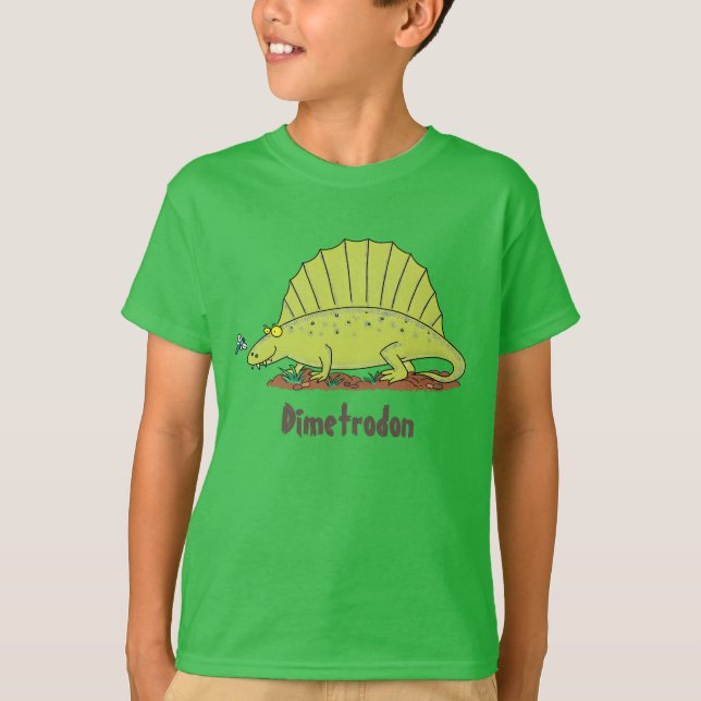 Lycklig Dimetrodon grönt tecknad dinosaur T Shirt (Framsida)