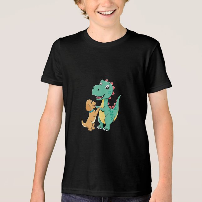 Lycklig Dino och Hund T-Shirt för barn (Framsida)