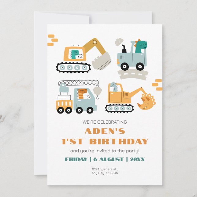 Lycklig Dino Party 1:a födelsedagen Inbjudningar (Framsida)