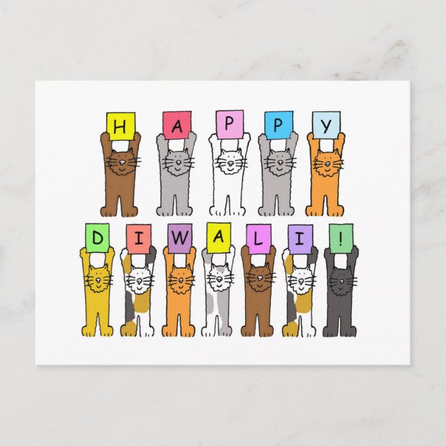Lycklig Diwali, Cute Tecknad Cats. Vykort (Framsida)