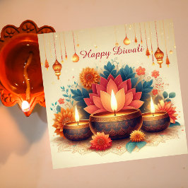 Lycklig Diwali Diya Lotus Festival of Light Blommi Julkort