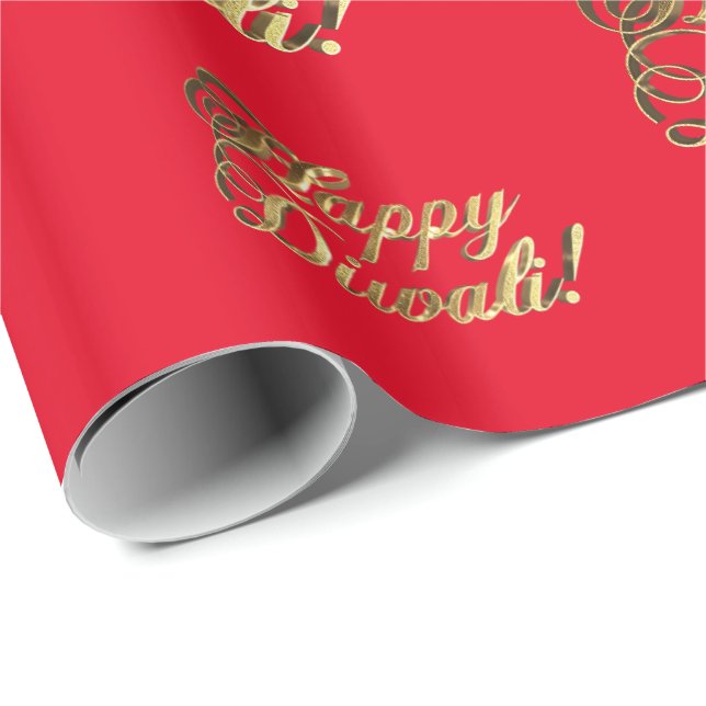 Lycklig Diwali Elegant Faux Guld Typography Red Presentpapper (Rullad Hörn)