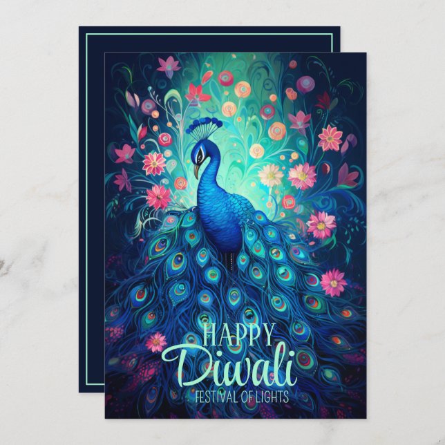 Lycklig Diwali-festivalen Ljus Peacock Inbjudningar (Fram/baksida)