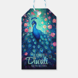 Lycklig Diwali-festivalen Ljus Peacock Presentetikett