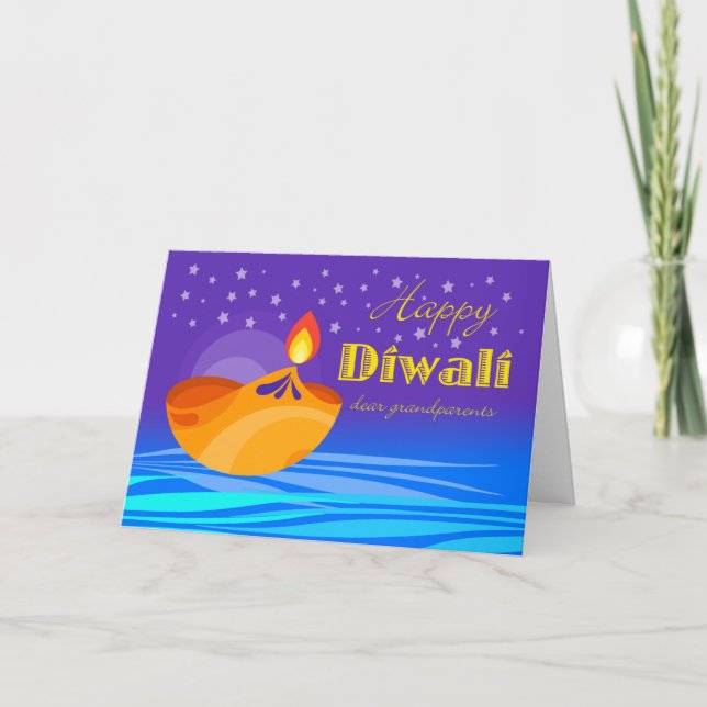 Lycklig Diwali för morföräldrar, Diya och Stars Kort (Framsida)