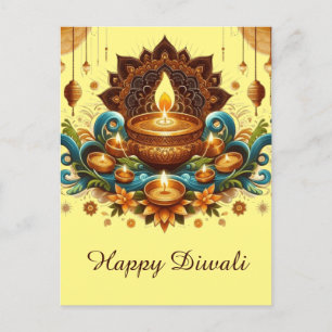 Lycklig Diwali Guld Diya Festival of Light Blue Helg Vykort