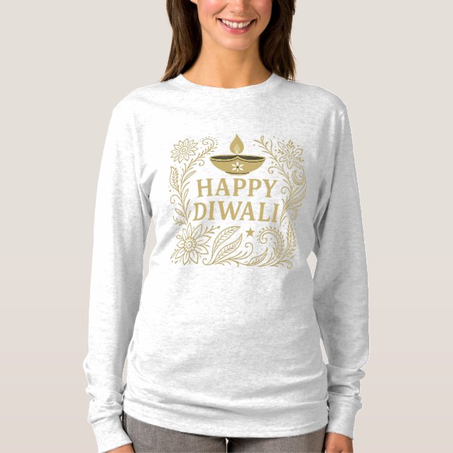 Lycklig Diwali Guld Elegant Långärmad T-Shirt (Framsida)