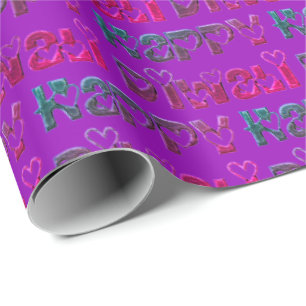 Lycklig Diwali Hälsning Cute Hearts Rosa Lila Text Presentpapper