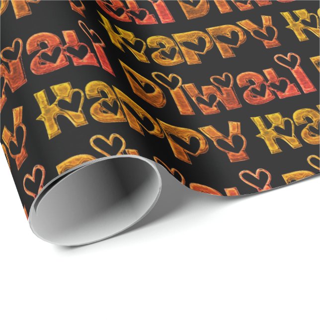 Lycklig Diwali Hälsning Cute Hearts Text Brown Red Presentpapper (Rullad Hörn)