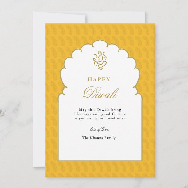 Lycklig Diwali Hälsning Gult Guld Ganesh Julkort (Framsida)
