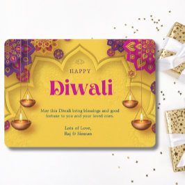 Lycklig Diwali Hälsning Gult Lila Blommigt Julkort