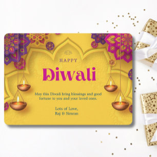 Lycklig Diwali Hälsning Gult Lila Blommigt   Julkort