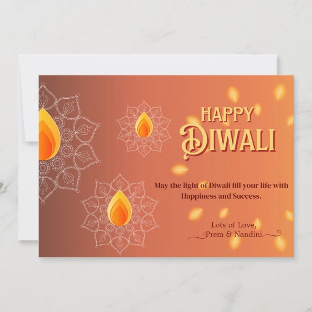 Lycklig Diwali Hälsning Ljus Lamps Orange Guld Julkort (Framsida)