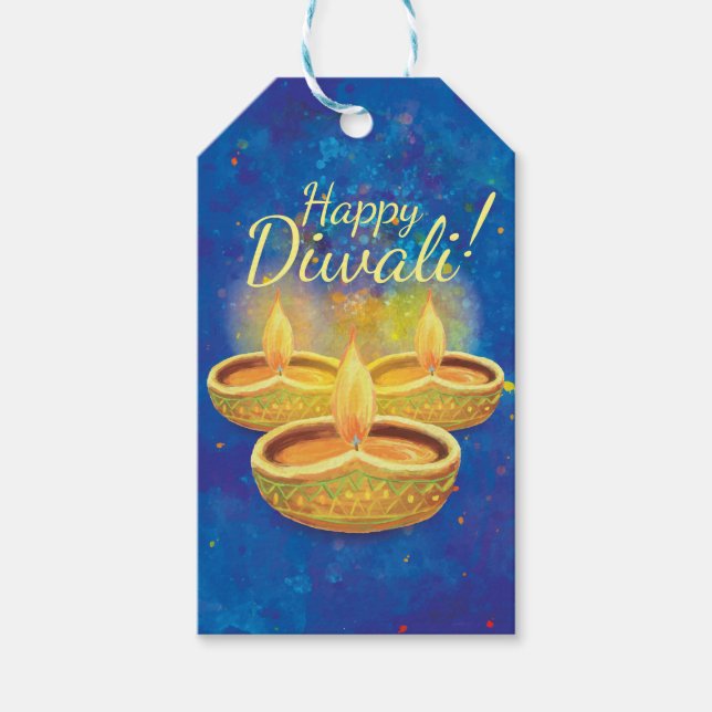 Lycklig Diwali-handmålade lysande ljus Presentetikett (Framsidan)