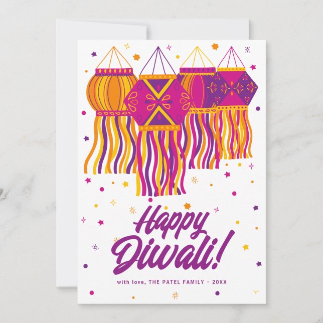 Lycklig Diwali Lila Rosa Guld Lanternlampor Card Julkort (Framsida)