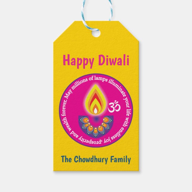 Lycklig Diwali, med anpassningsbar, gult Presentetikett (Framsidan)