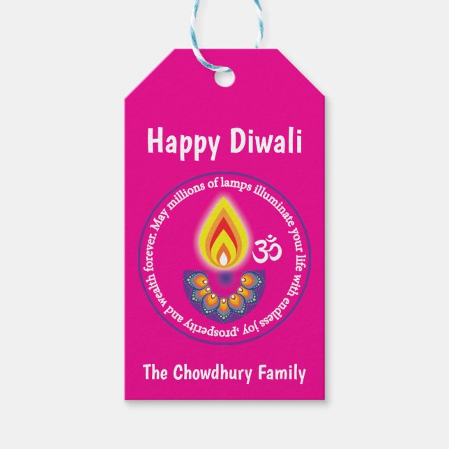 Lycklig Diwali, med anpassningsbar, rosa Gift-Märk Presentetikett (Framsidan)