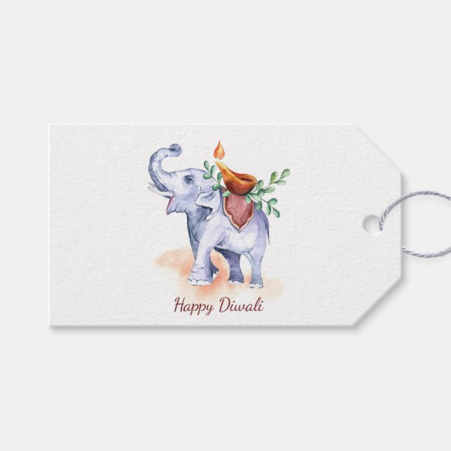 Lycklig Diwali med Diya och Elephant Presentetikett (Framsidan (Horisontell))