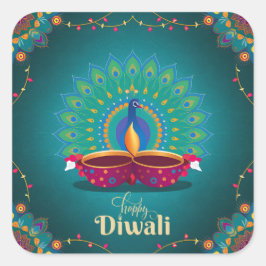 Lycklig Diwali Peacock Diya Festival of Light Blue Fyrkantigt Klistermärke