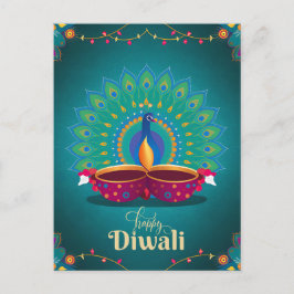Lycklig Diwali Peacock Diya Festival of Light Blue Helg Vykort