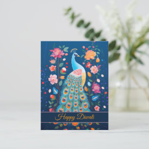 Lycklig Diwali Peacock & Flowers Helg Vykort