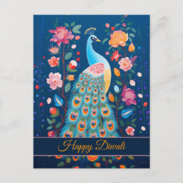 Lycklig Diwali Peacock & Flowers Helg Vykort