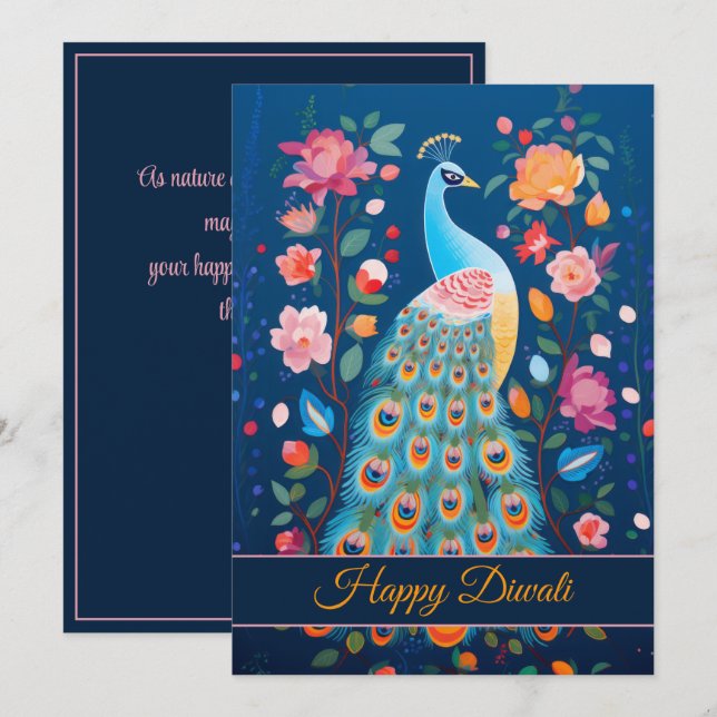 Lycklig Diwali Peacock & Flowers Julkort (Fram/baksida)