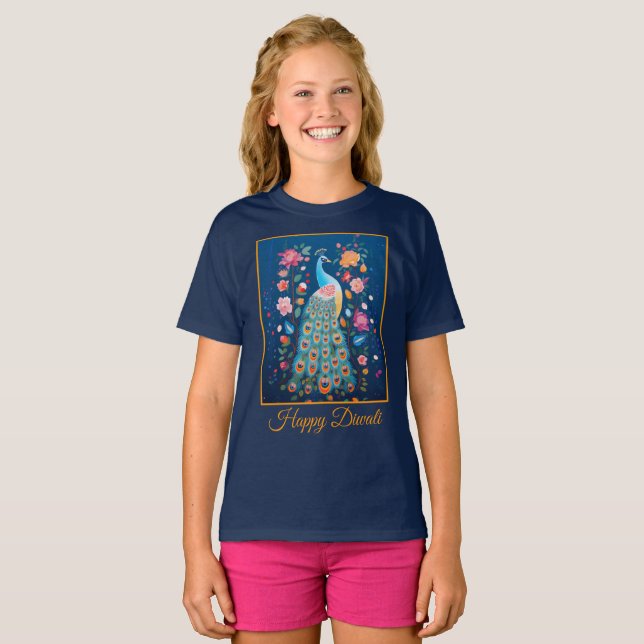 Lycklig Diwali Peacock & Flowers T Shirt (Hel framsida)