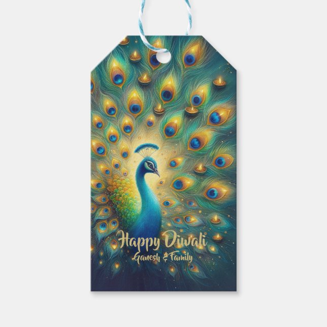 Lycklig Diwali Peacock Presentetikett (Framsidan)