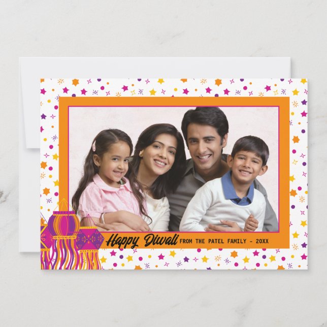 Lycklig Diwali Photo Colorful Rosa Lila Lantern Julkort (Framsida)