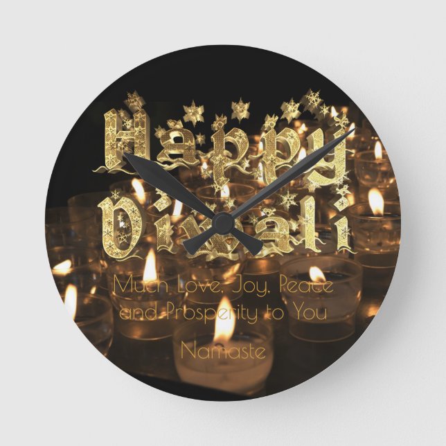 Lycklig Diwali Quote Black Guld Typography Candles Rund Klocka (Framsida)