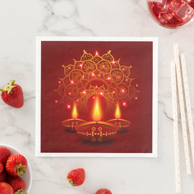 Lycklig Diwali Red Guld Gnistra Mandala Diya Candl Pappersservett (Insitu)