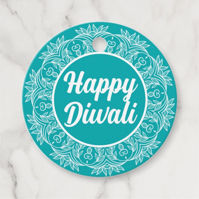 Lycklig Diwali Teal Rangoli Hälsning Märkre Gåvor Etiketter (Framsida)