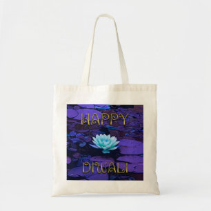 Lycklig Diwali Typography Lila Blommigt Lotus Flow Tygkasse