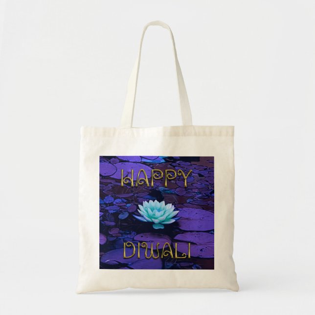Lycklig Diwali Typography Lila Blommigt Lotus Flow Tygkasse (Framsidan)