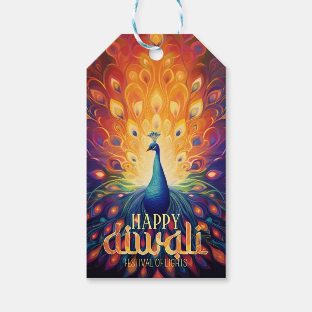 Lycklig Diwali Vibrant Peacock Festival Ljus Presentetikett (Framsidan)