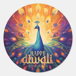 Lycklig Diwali Vibrant Peacock Festival Ljus Runt Klistermärke