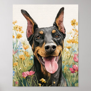 Lycklig Doberman i Wildblommor - Watercolor Hund A Poster