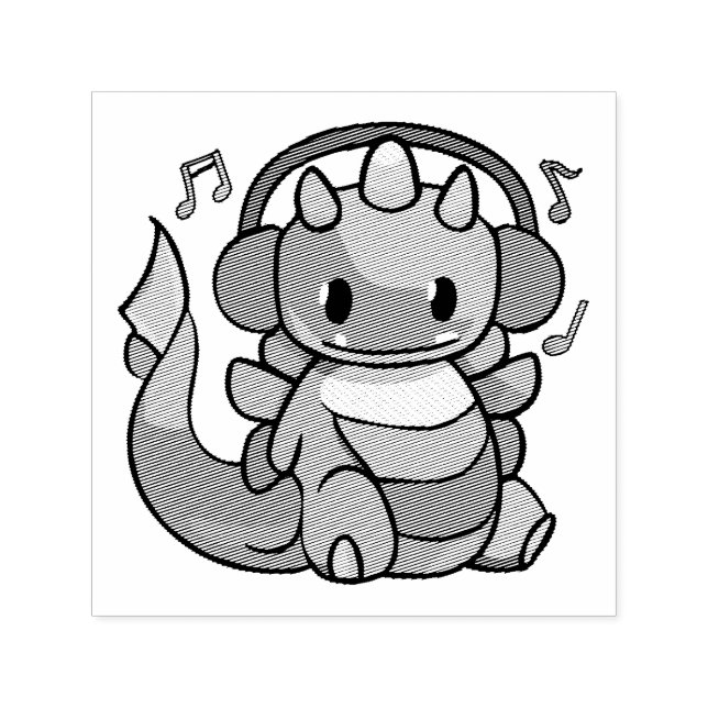 Lycklig drakar med hörlurar som lyssnar på musik. självfärgande stämpel (Design)