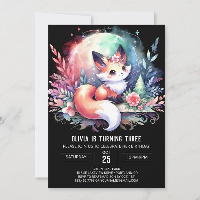 Lycklig Dreamy Fox Birthday digital Inbjudningar (Framsida)
