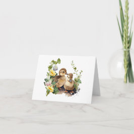 Lycklig Ducklings with Flowers BLANK Kort
