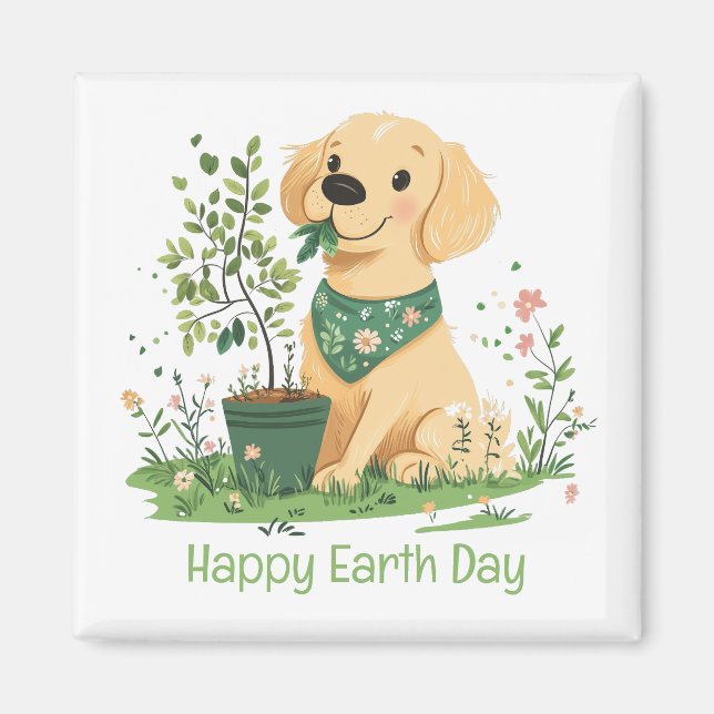 Lycklig Earth Day Golden Retriever Hund  Magnet (Framsidan)