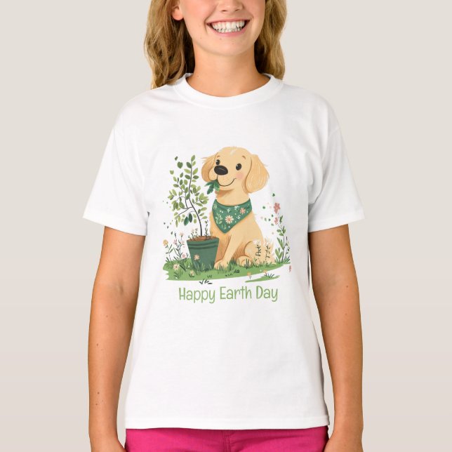 Lycklig Earth Day Golden Retriever Hund  T Shirt (Framsida)