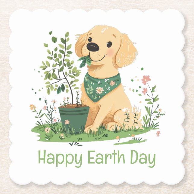 Lycklig Earth Day Golden Retriever Hund  Underlägg Papper (Framsida)