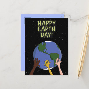 Lycklig Earth Day Händer Holding Planet i rymden Helg Vykort